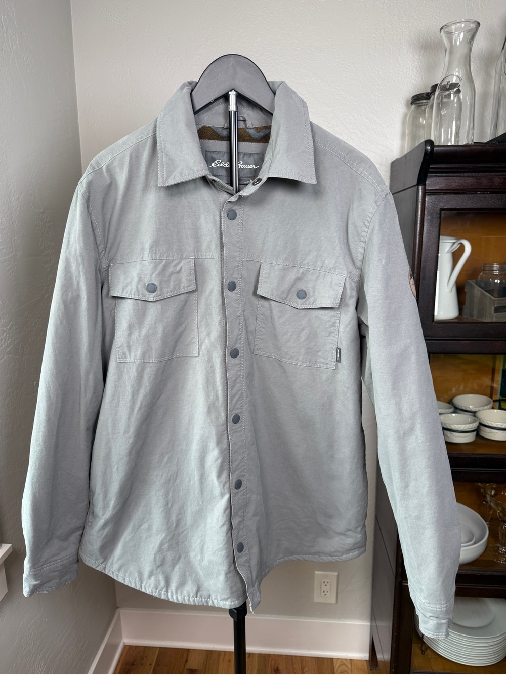 Eddie Bauer Voyager Fleece Lined Shirt Jacket Gray Snap Front Size M
